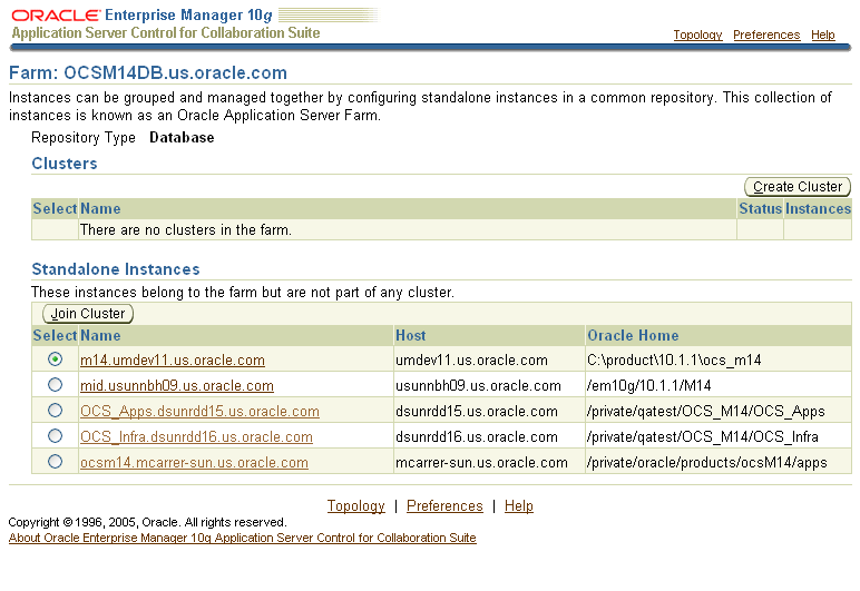 Oracle Application Server Farm page