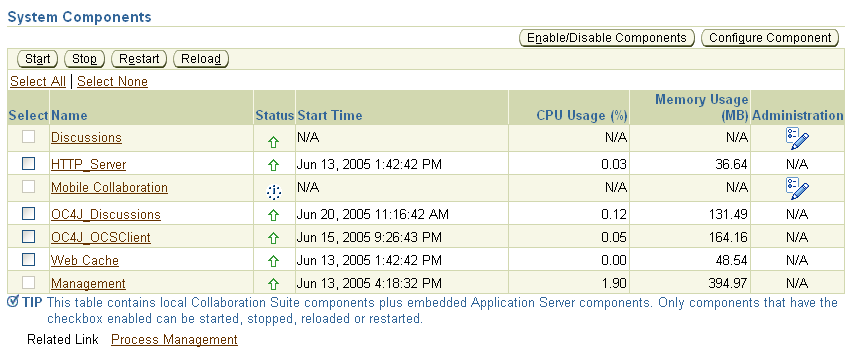 System Components Table on the Application Server Home Page