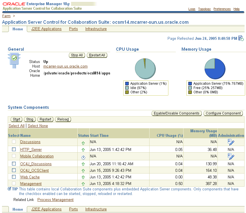 Oracle Application Server Home page