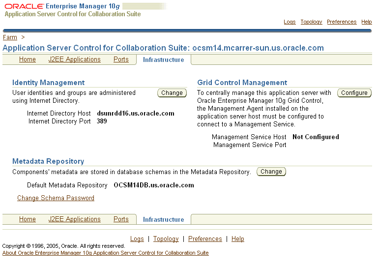 Infrastructure page of the App Server Control Console