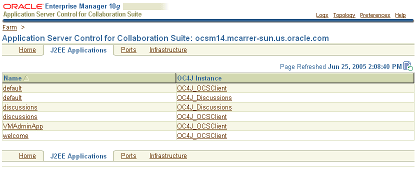 List of Applications on the J2EE Applications Page