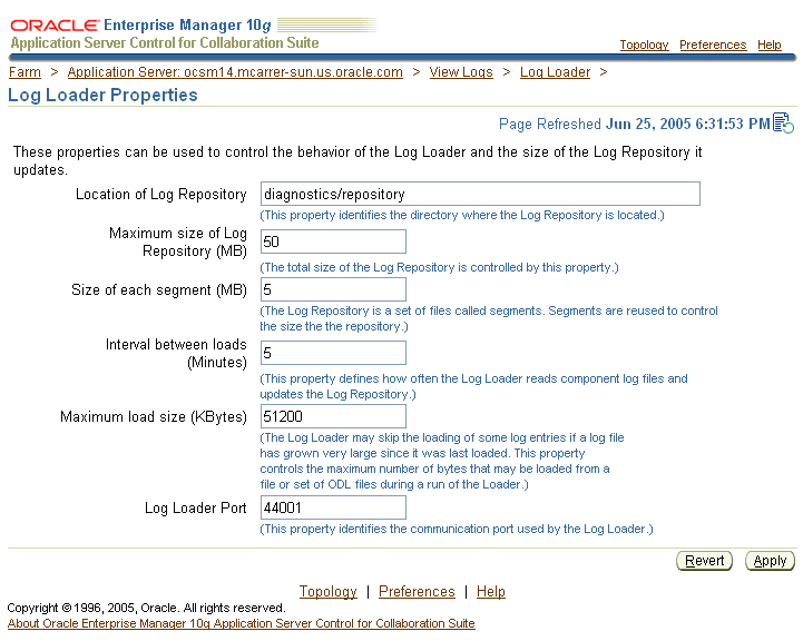 Log Loader Properties Page