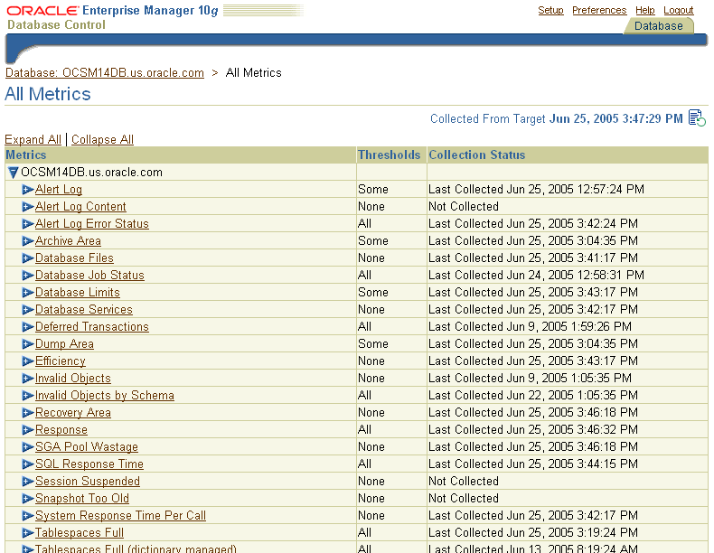 The All Metrics page lists the metrics that are collected