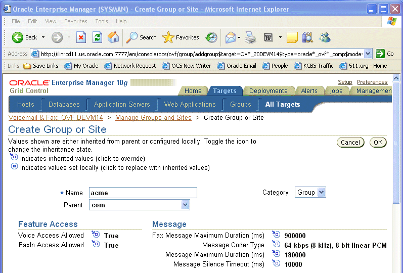 Screenshot of the Create Group or Site page