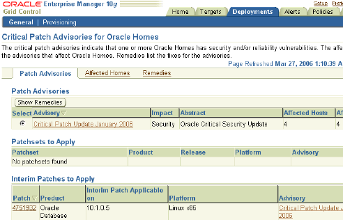 Critical Patch Advisories for Oracle Homes page