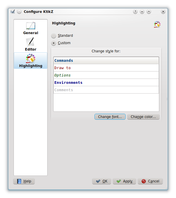 QtikZ Configuration Window Showing The Highlighting Options